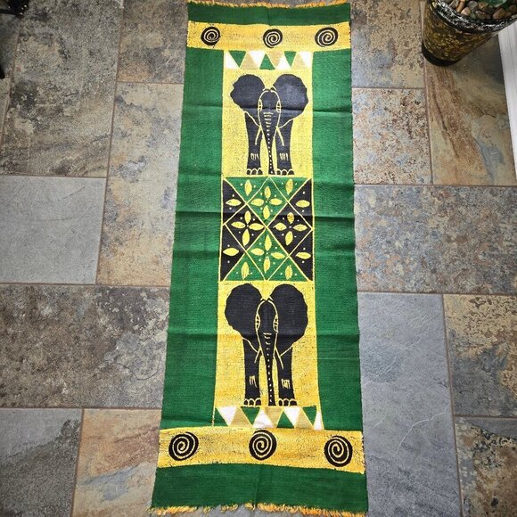 Handmade African Elephant Wall Hanging Green Yellow Black White Painted - Picture 1 of 5